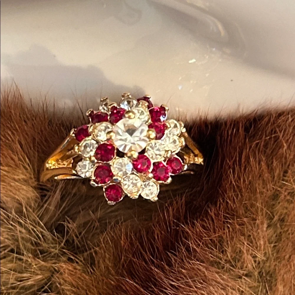 18KHGE Cathedral Ring with Red and White Gemstones